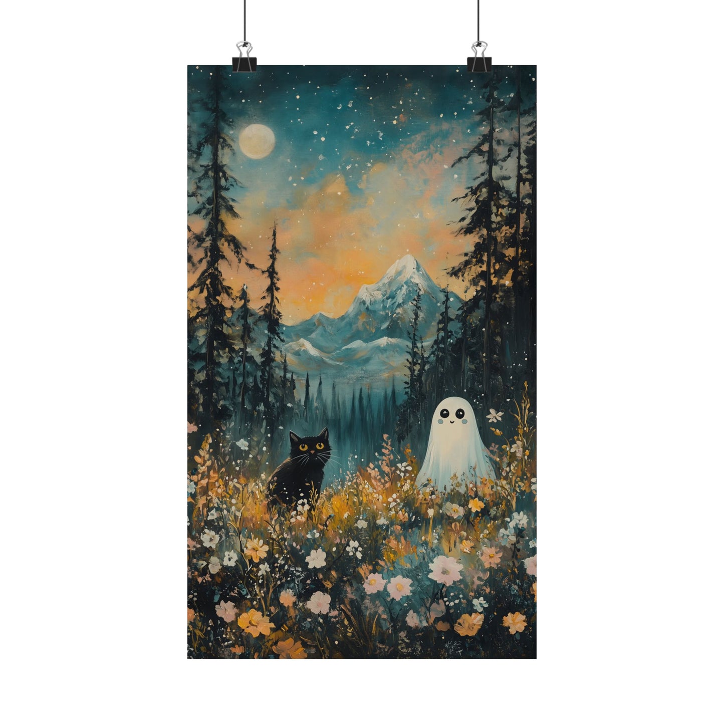 Cute Black Cat & Ghost Art Print