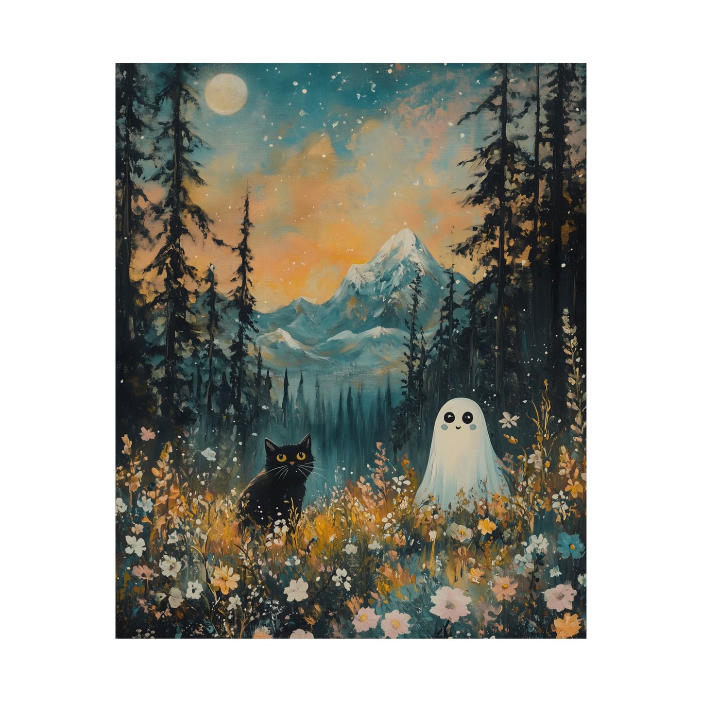 Cute Black Cat & Ghost Art Print