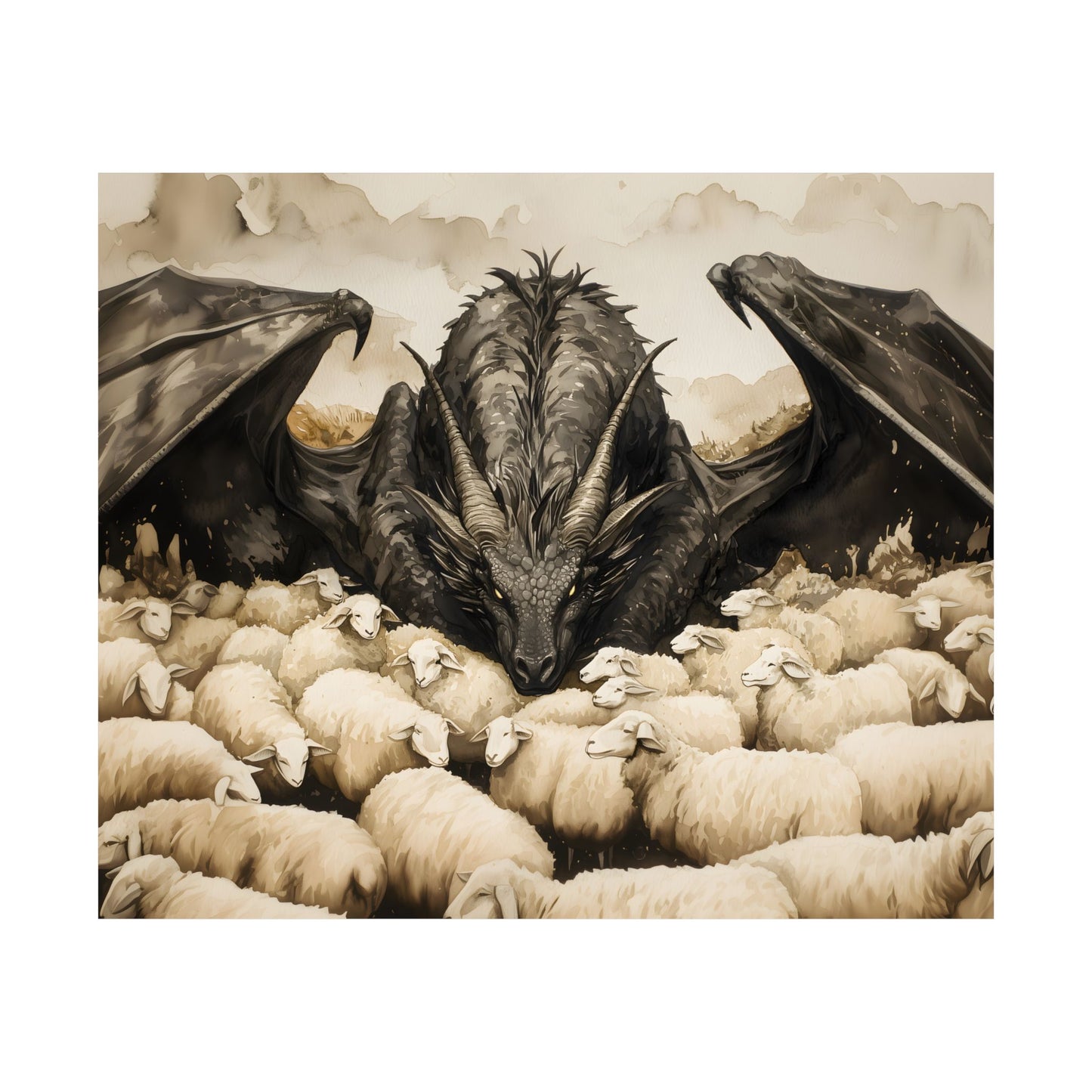 Black Dragon and Sheeps Art Print