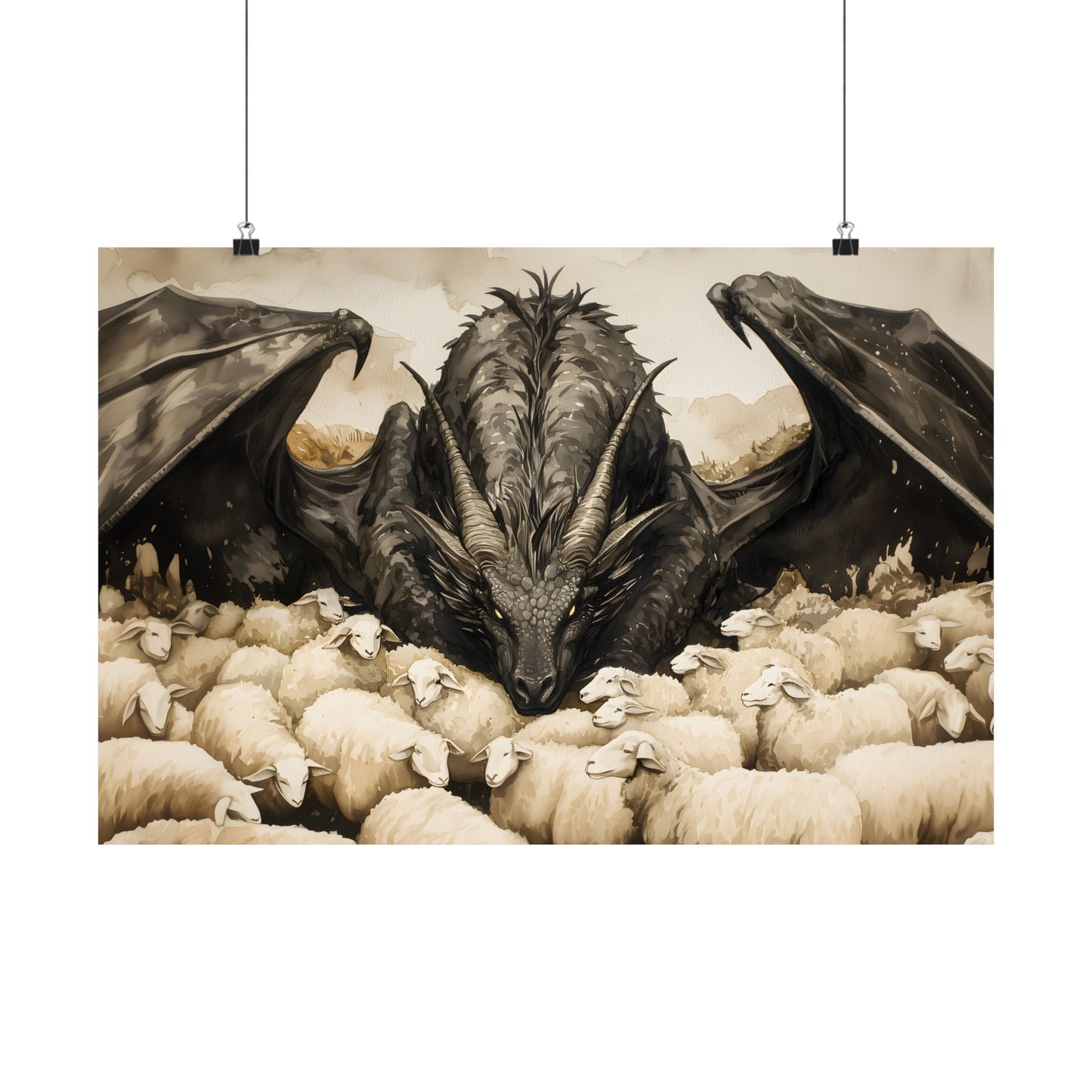 Black Dragon and Sheeps Art Print