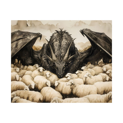 Black Dragon and Sheeps Art Print