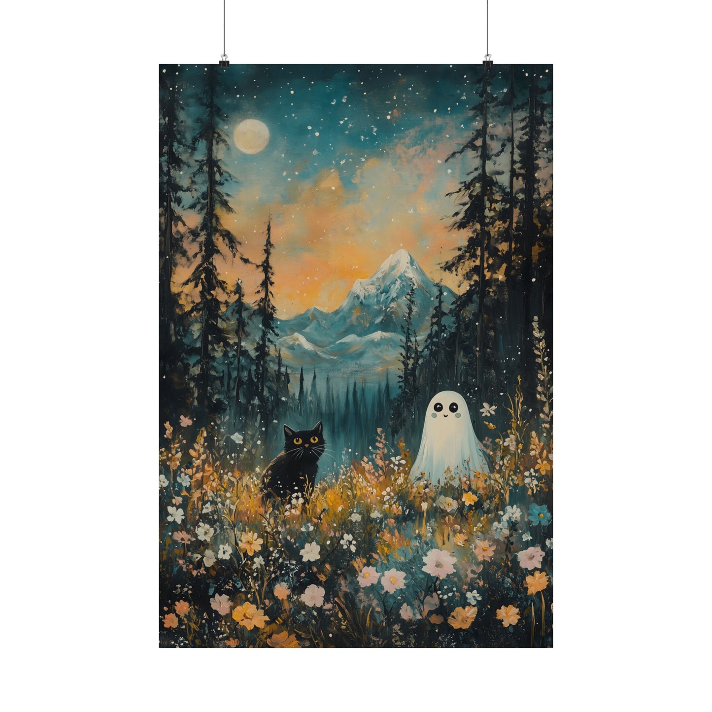 Cute Black Cat & Ghost Art Print