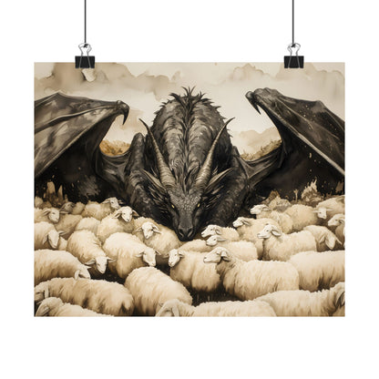 Black Dragon and Sheeps Art Print