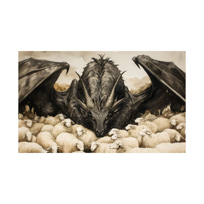 Black Dragon and Sheeps Art Print