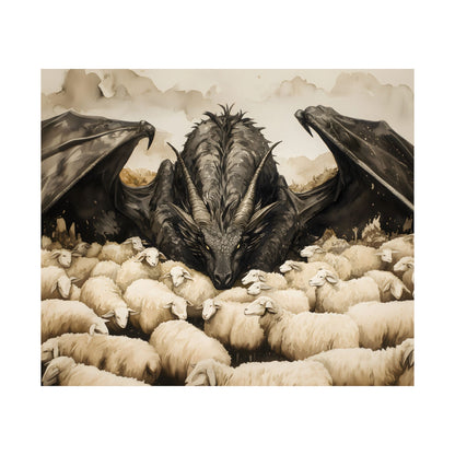 Black Dragon and Sheeps Art Print