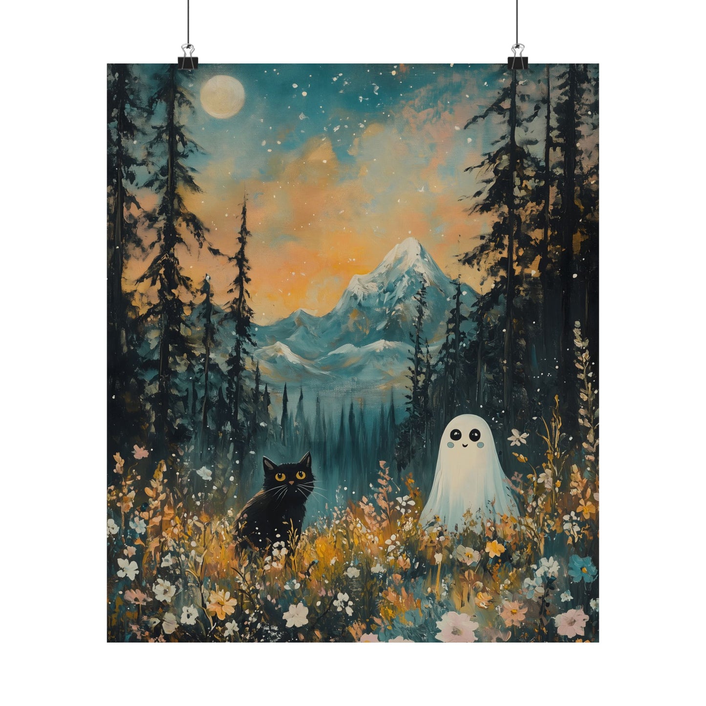 Cute Black Cat & Ghost Art Print