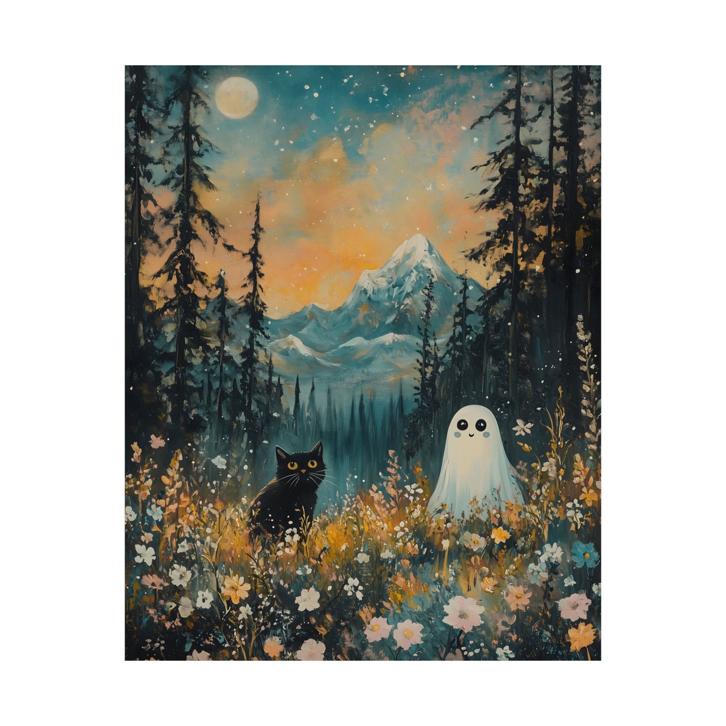 Cute Black Cat & Ghost Art Print