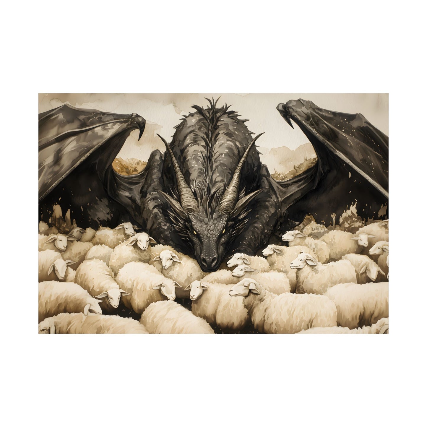 Black Dragon and Sheeps Art Print