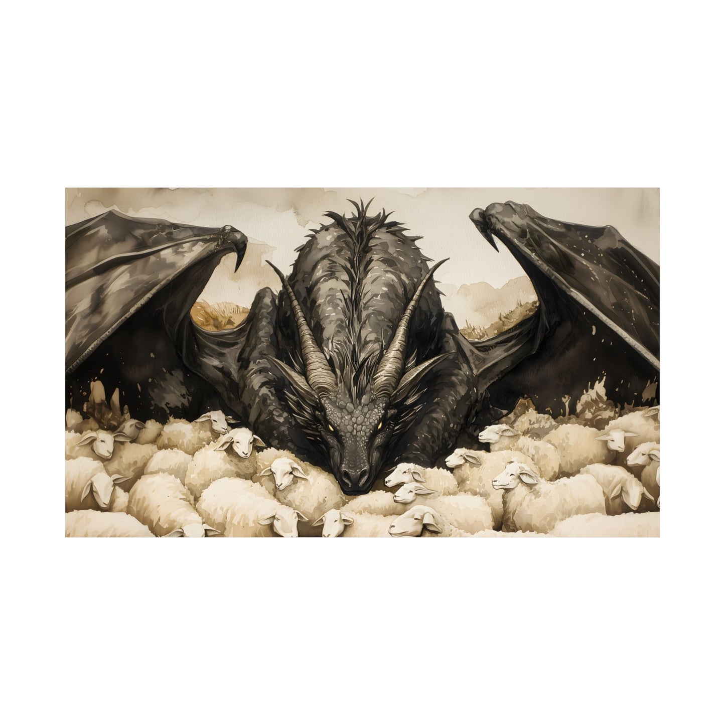 Black Dragon and Sheeps Art Print