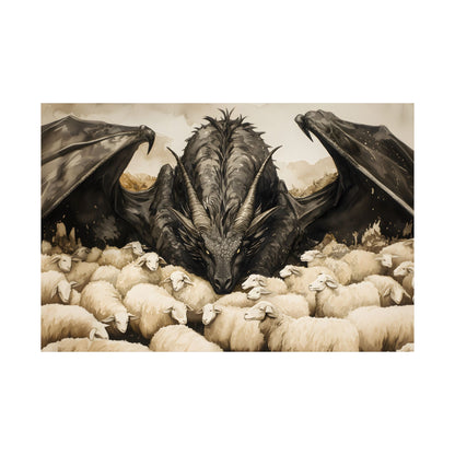 Black Dragon and Sheeps Art Print