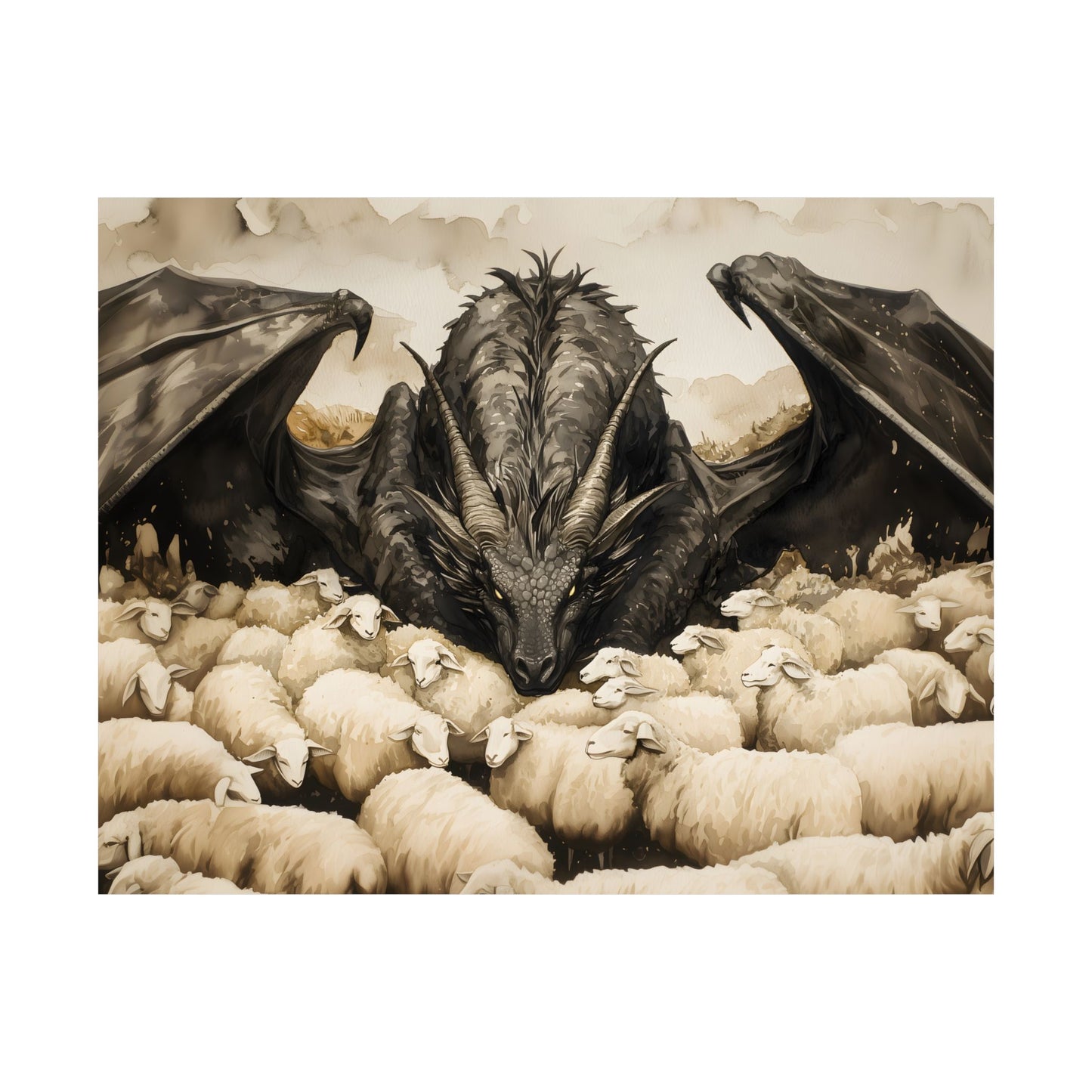 Black Dragon and Sheeps Art Print