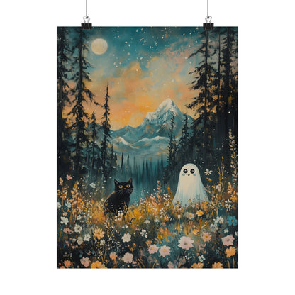 Cute Black Cat & Ghost Art Print