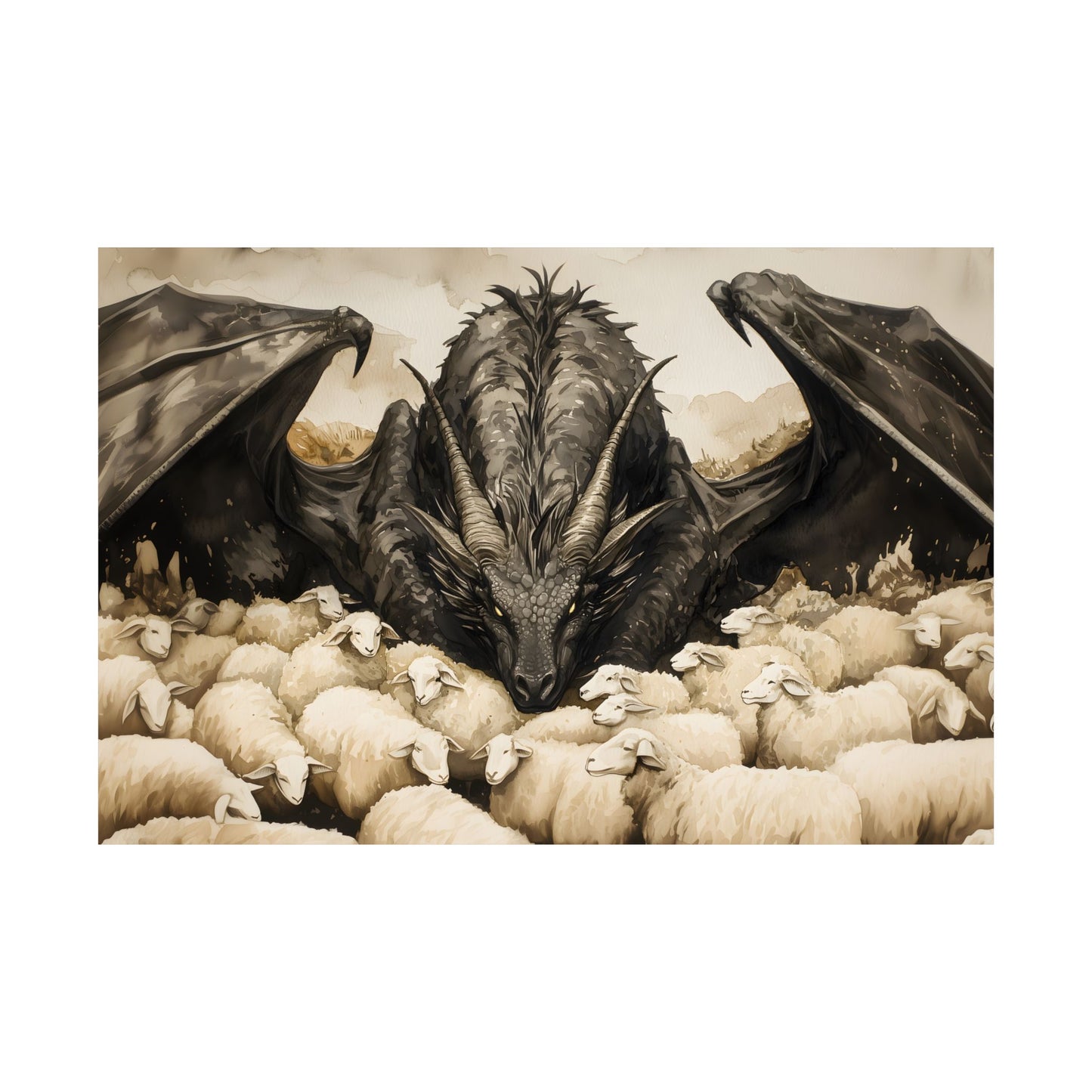 Black Dragon and Sheeps Art Print