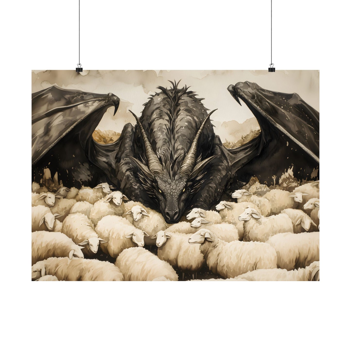 Black Dragon and Sheeps Art Print