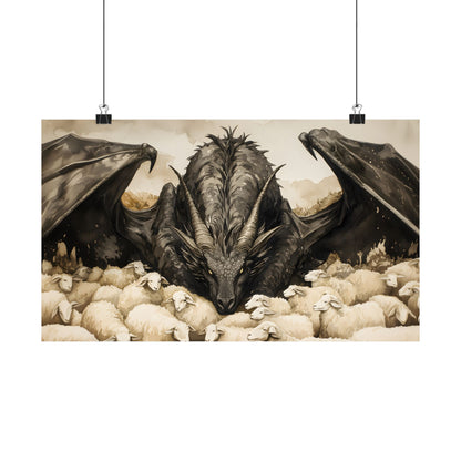 Black Dragon and Sheeps Art Print