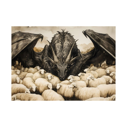 Black Dragon and Sheeps Art Print