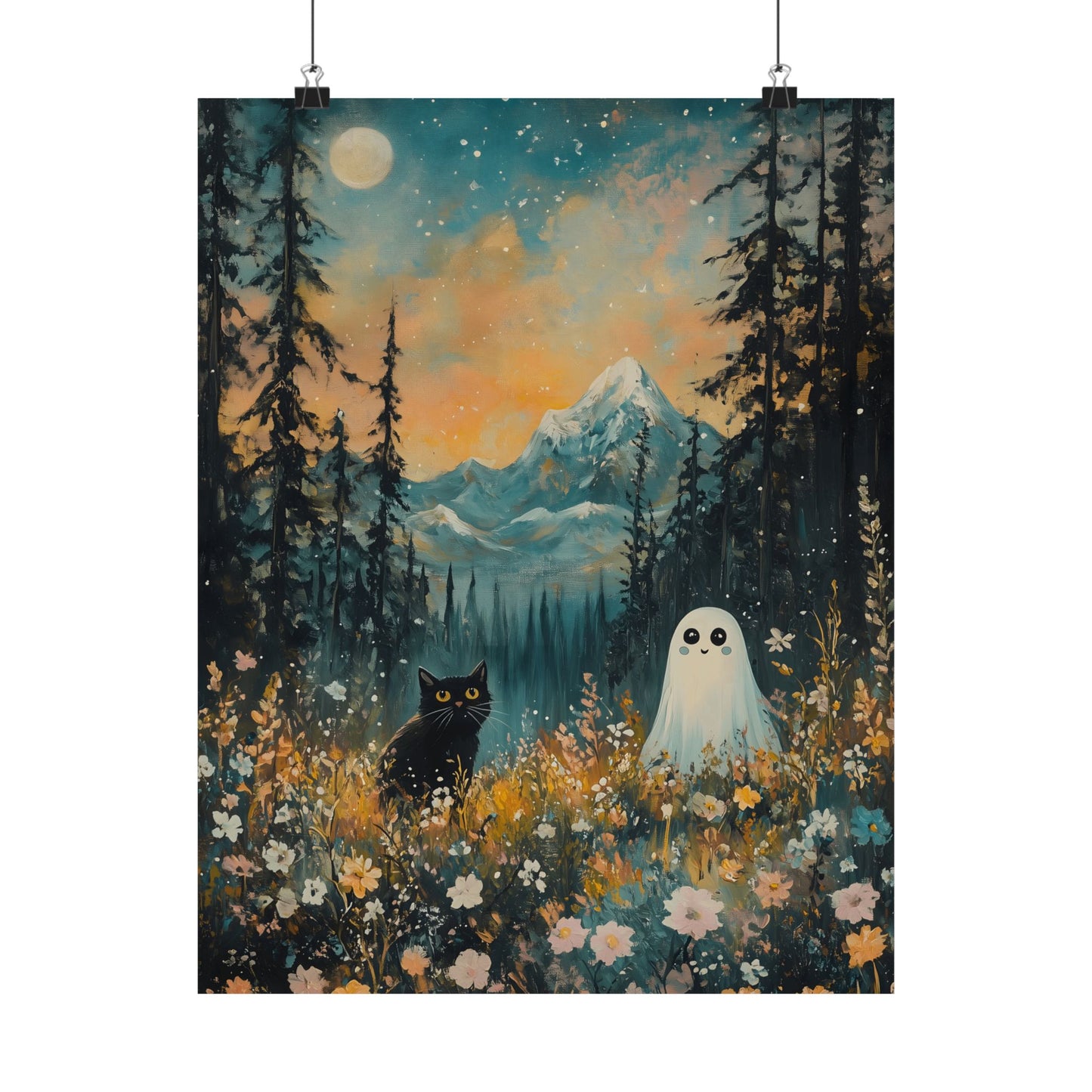 Cute Black Cat & Ghost Art Print