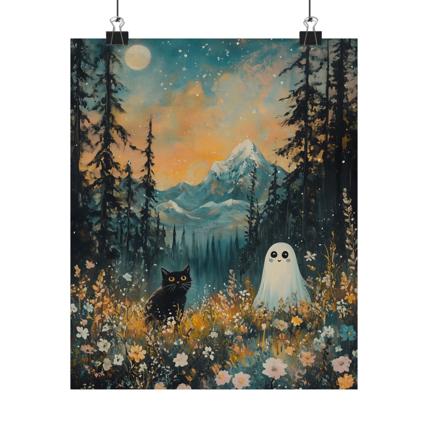 Cute Black Cat & Ghost Art Print