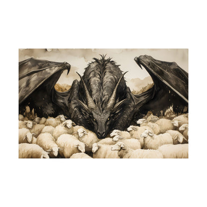 Black Dragon and Sheeps Art Print