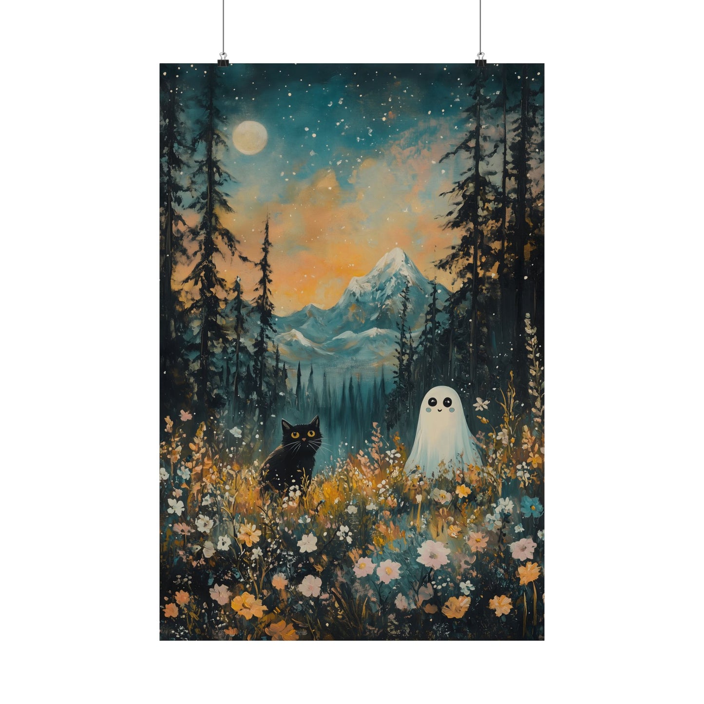 Cute Black Cat & Ghost Art Print