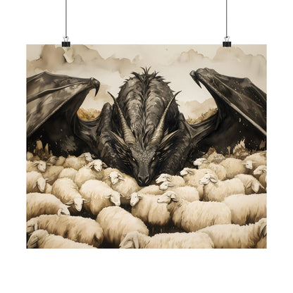 Black Dragon and Sheeps Art Print