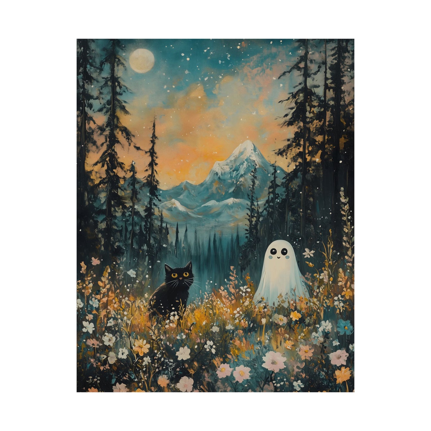 Cute Black Cat & Ghost Art Print