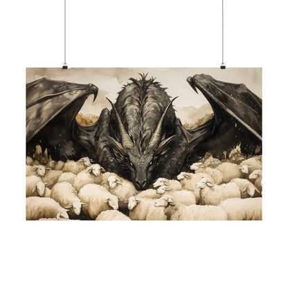 Black Dragon and Sheeps Art Print