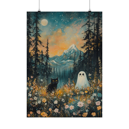 Cute Black Cat & Ghost Art Print